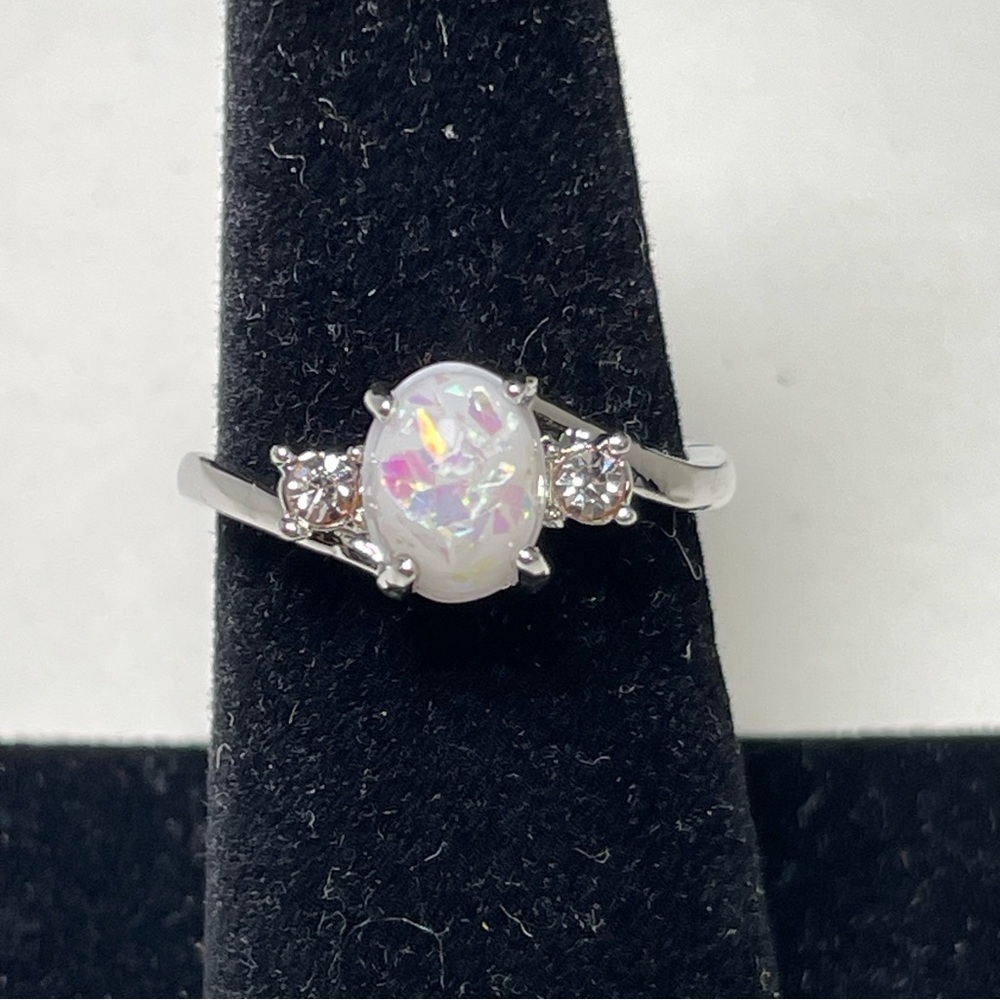 Elegant Silver Tone and Faux Opal Ring Size 7.5